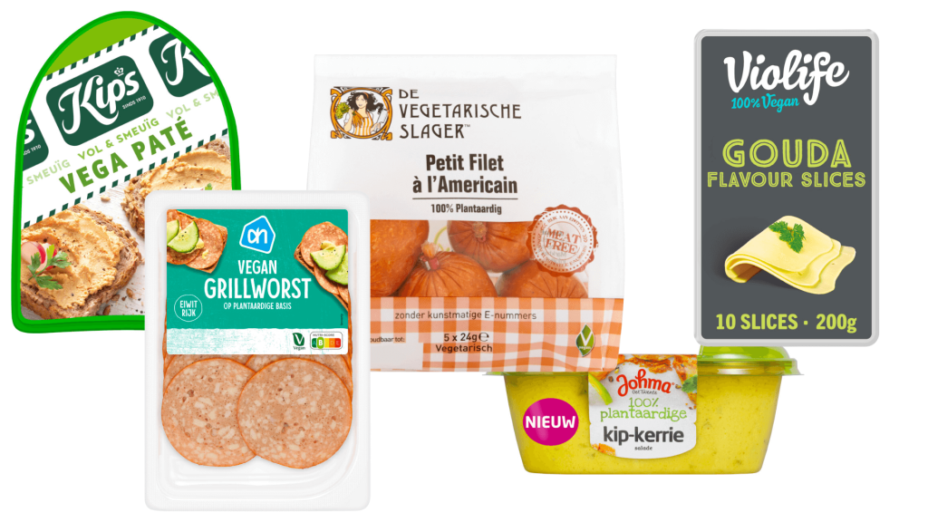 voorbeelden van vegan alternatieven voor o.a. paté, filet americain en kaas